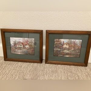 SOLD Set of 2 Carl Valente 9”x11” framed art, Penhurst & Wishford, cottages